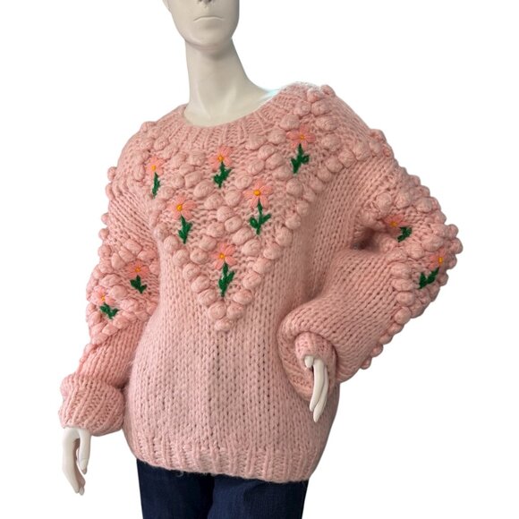 CHICWISH Stitch Floral Diamond Pom-Pom Sweater in Pink Handmade $109 Size M - Picture 1 of 9